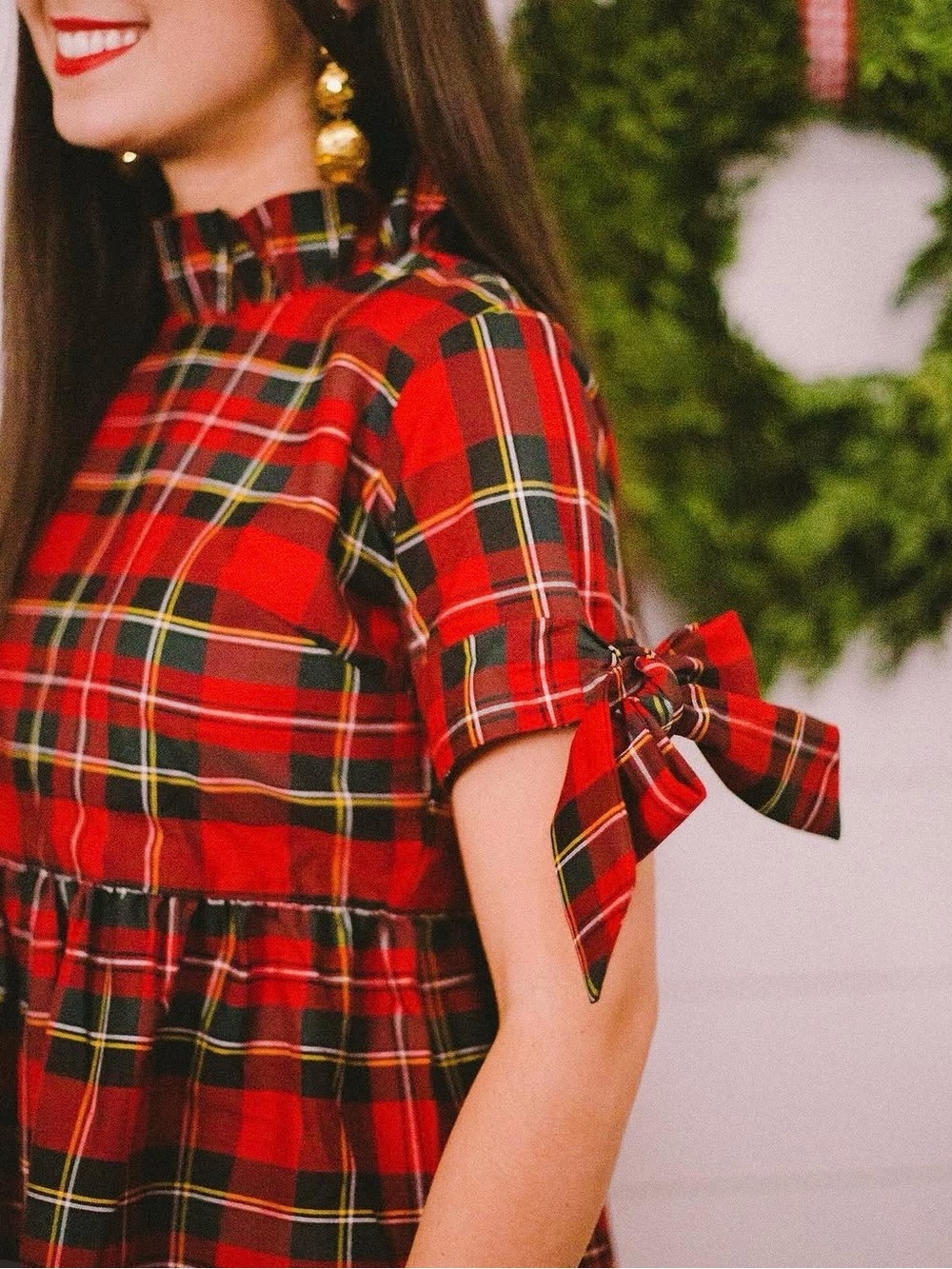 Red Plaid Ruffle-Neck Mini Dress with Sleeve Bow